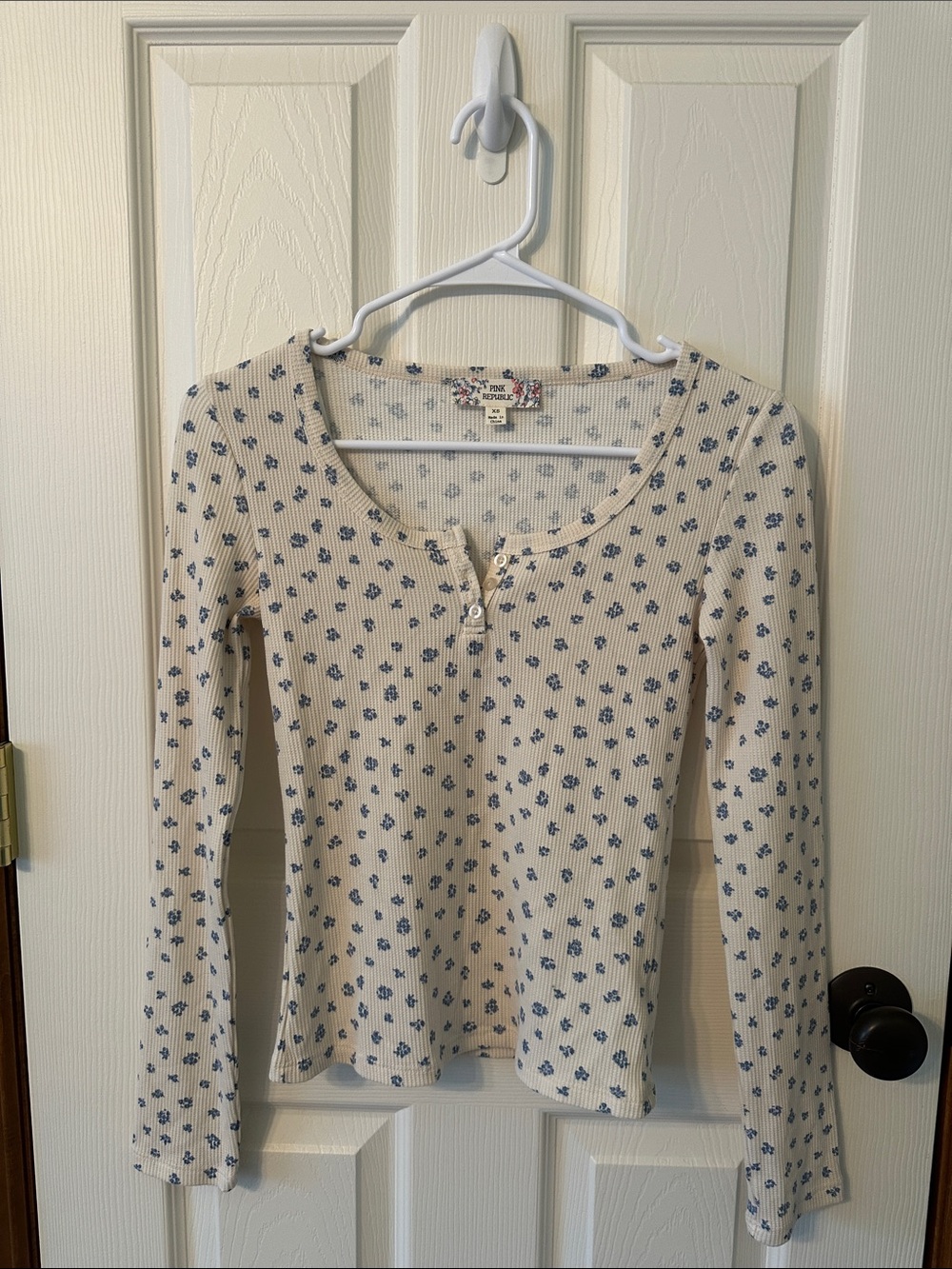 Pink Republic Cream Ribbed Long-Sleeve Henley with Blue Floral Print